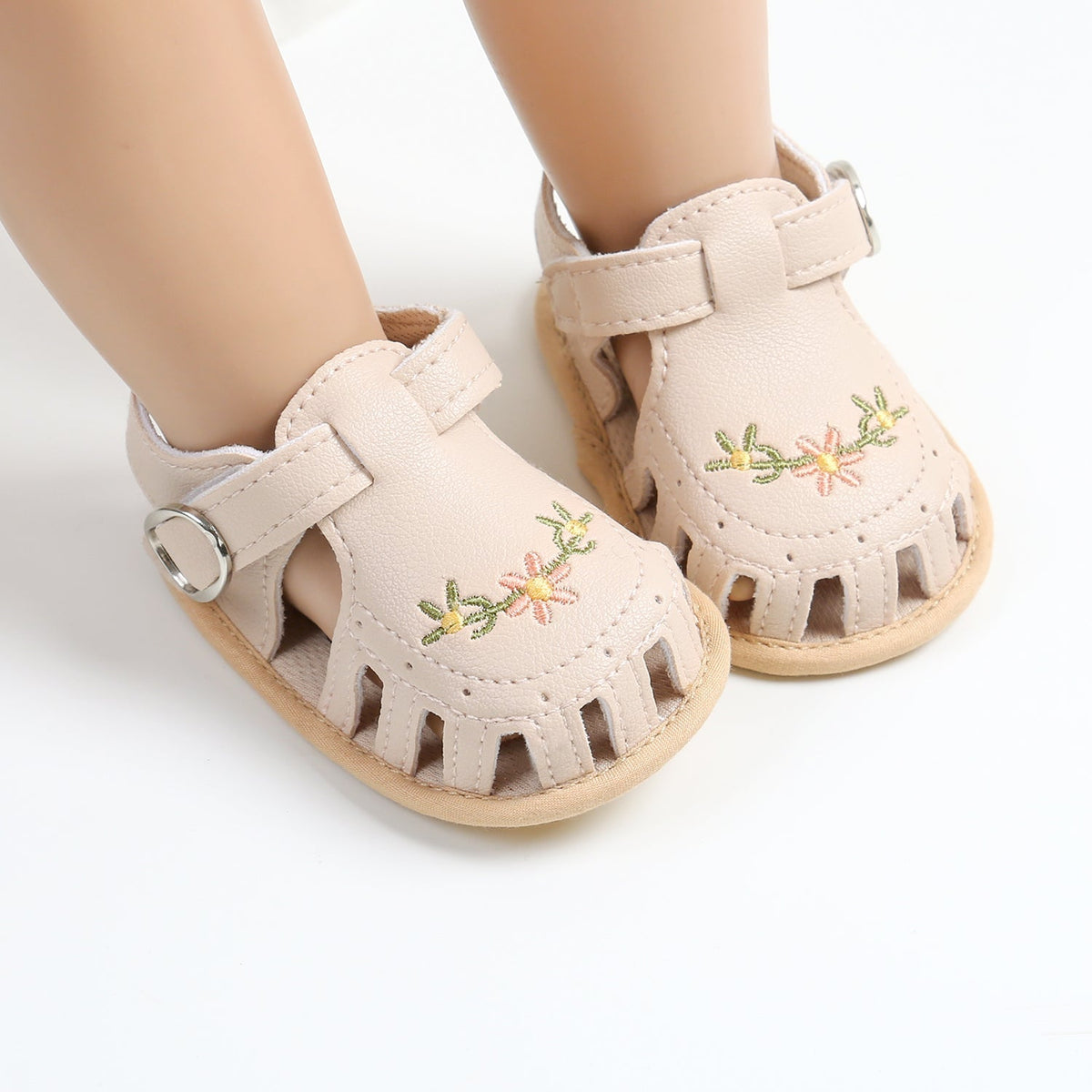 Baby Girls' Sandals | Soft Faux Leather with Floral Embroidery