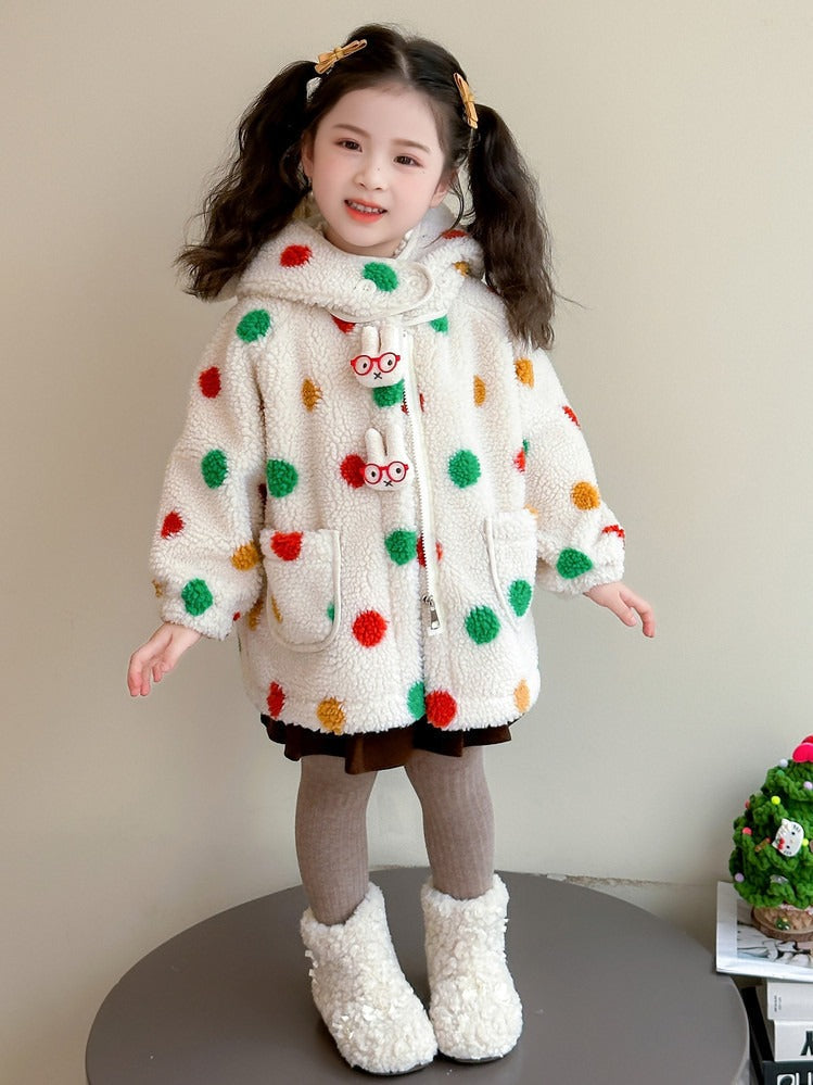 Baby Girls' Lambswool Jacket | Cute Cartoon Dinosaur Design