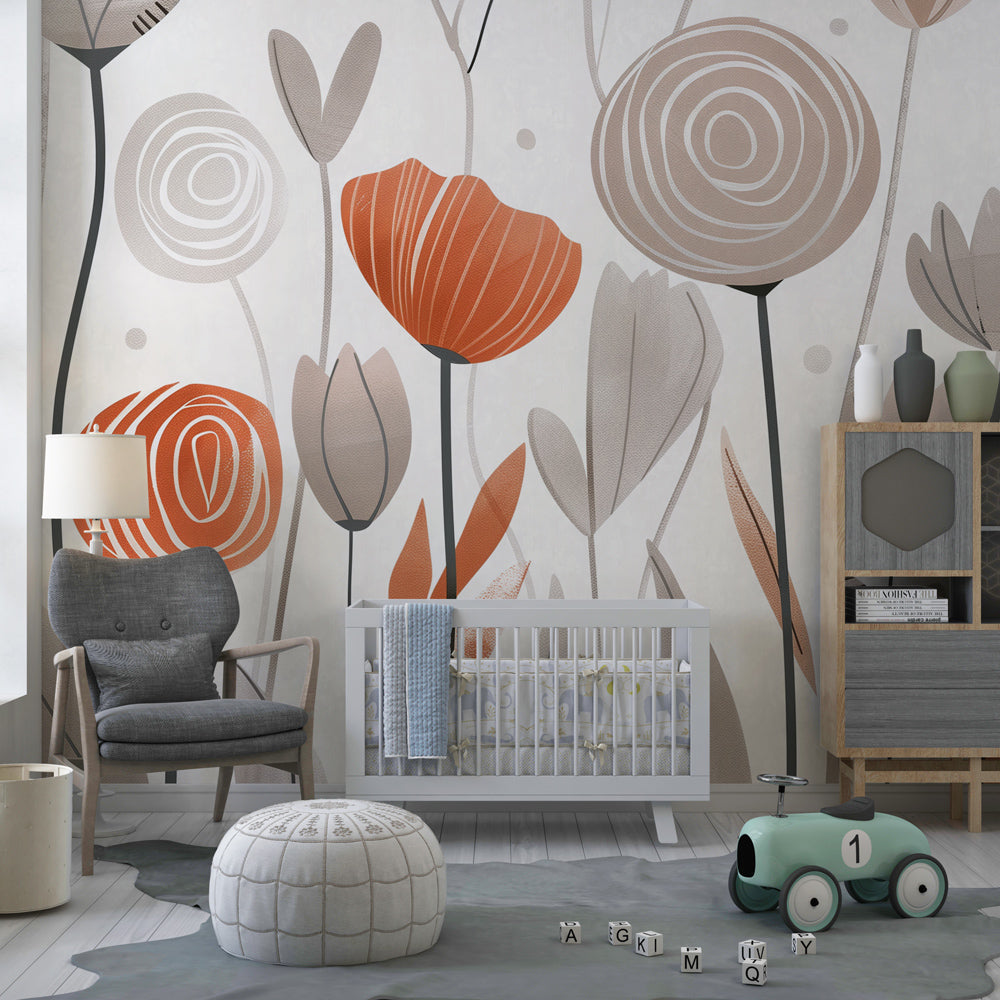 Terracotta and beige floral wallpaper creating serene kids bedroom atmosphere with natural earth tones