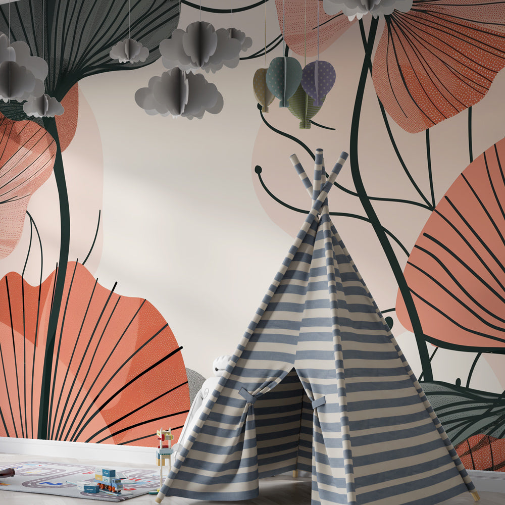 Botanical floral wallpaper creating serene kids bedroom atmosphere with pastel pink green tones