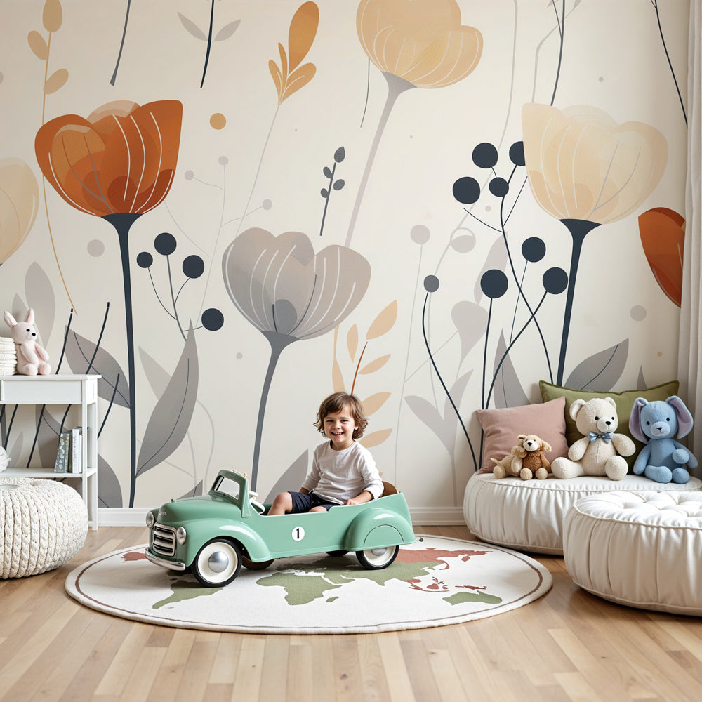 Abstract floral mural wallpaper in terracotta and cream tones decorating modern nursery by Kids-Mundo