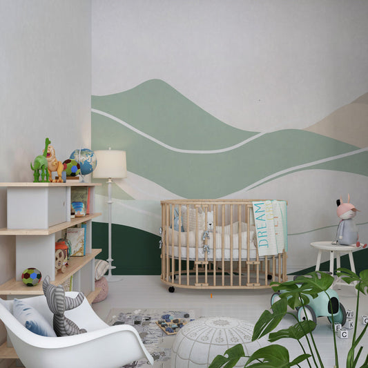 Kids-Mundo sage green mountain wall mural on a feature wall in a modern kids bedroom.