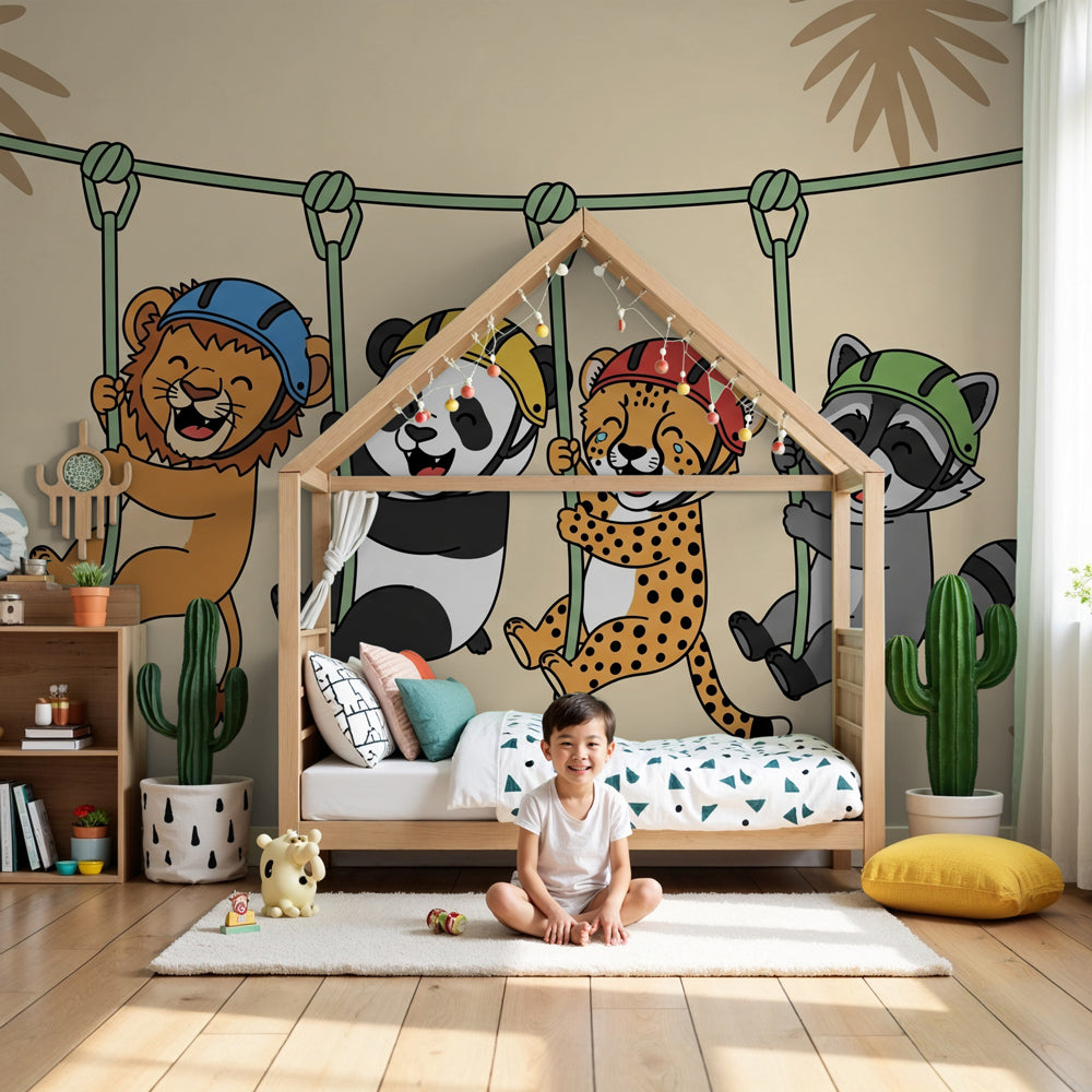 Adventure animals mural wallpaper in modern kids bedroom with safari friends sliding down ropes by Kids-Mundo