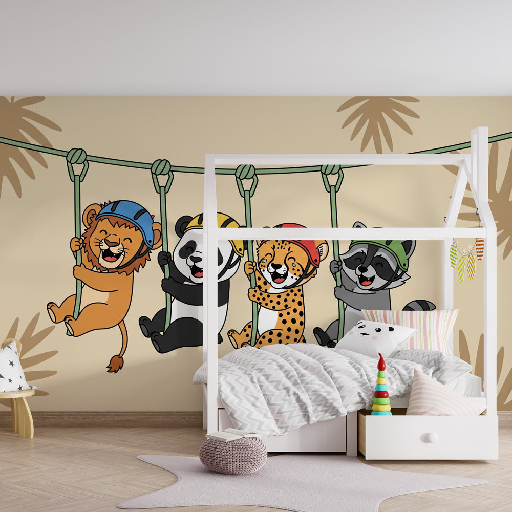 Playful safari animals wallpaper creating adventurous nursery decor with neutral beige tones