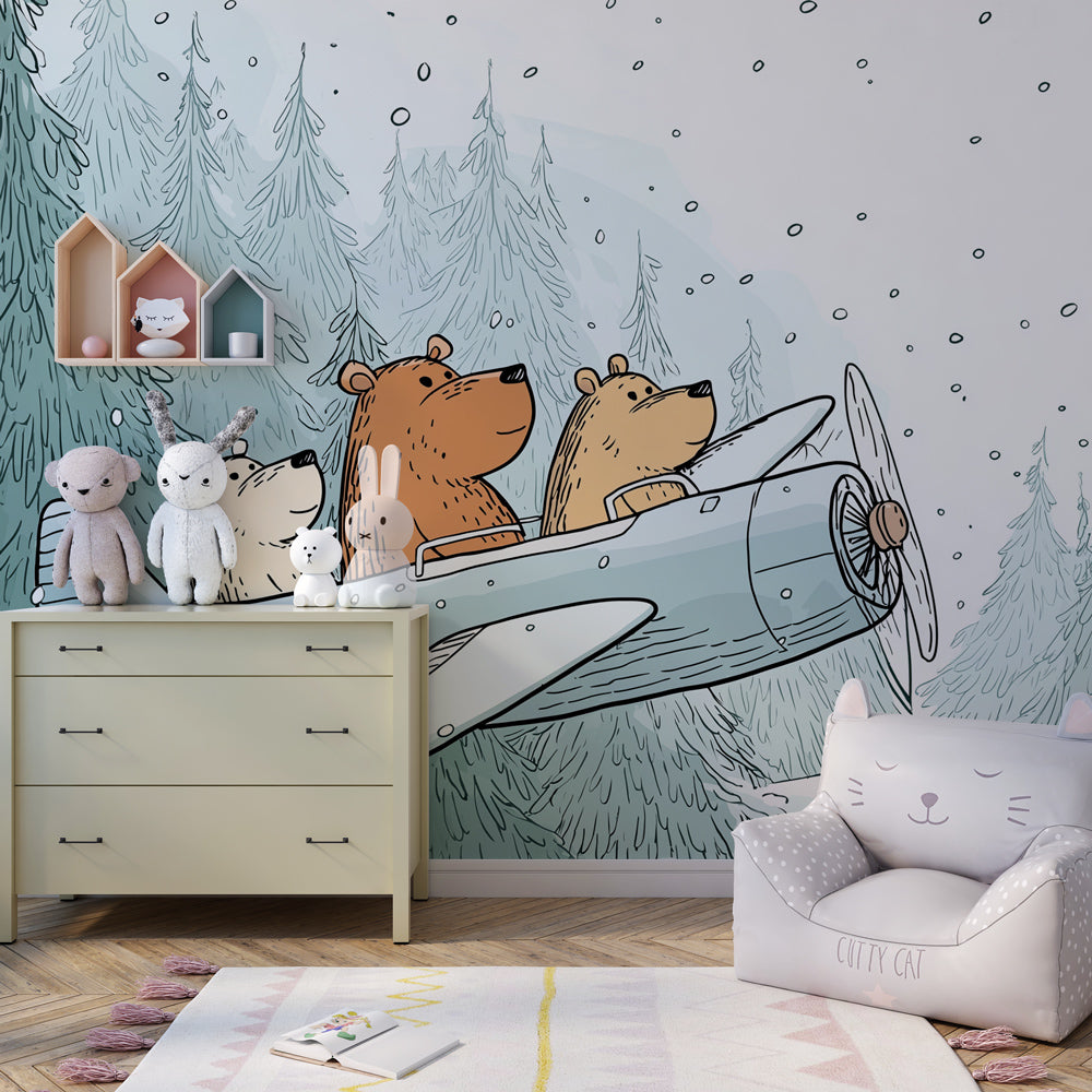 Flying bears winter wallpaper creating magical atmosphere in children's bedroom decor
