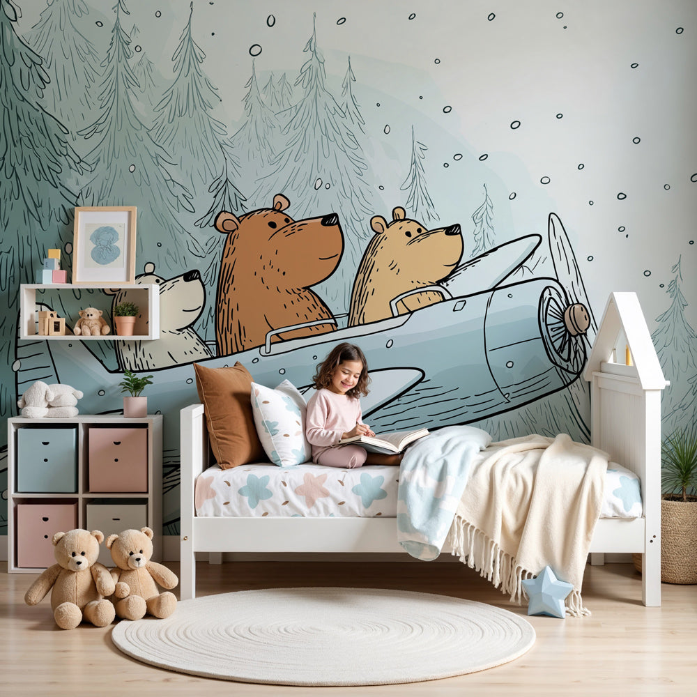 Adventure bears mural wallpaper in cozy nursery with winter airplane theme by Kids-Mundo