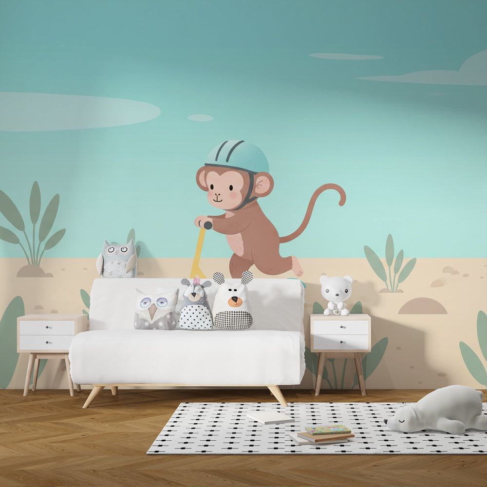 Monkey scooter wallpaper creating playful atmosphere in children's bedroom decor