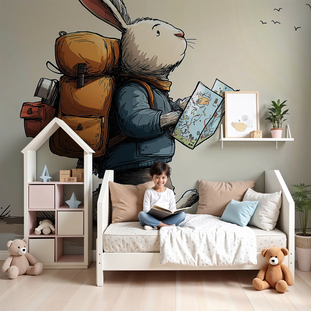 Adventurer rabbit mural wallpaper in pastel nursery with wooden crib by Kids-Mundo