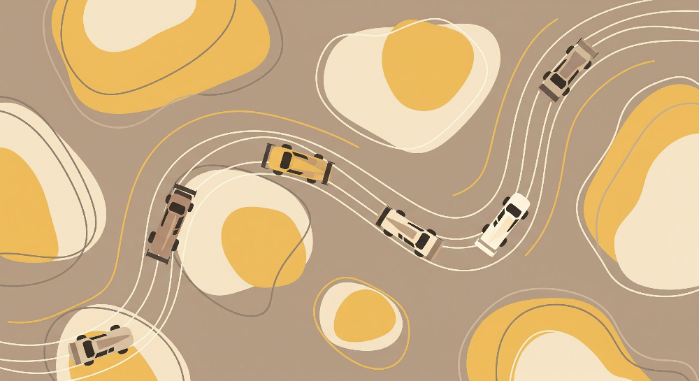 Kids-Mundo abstract aerial road trip wall mural artwork in mustard and taupe