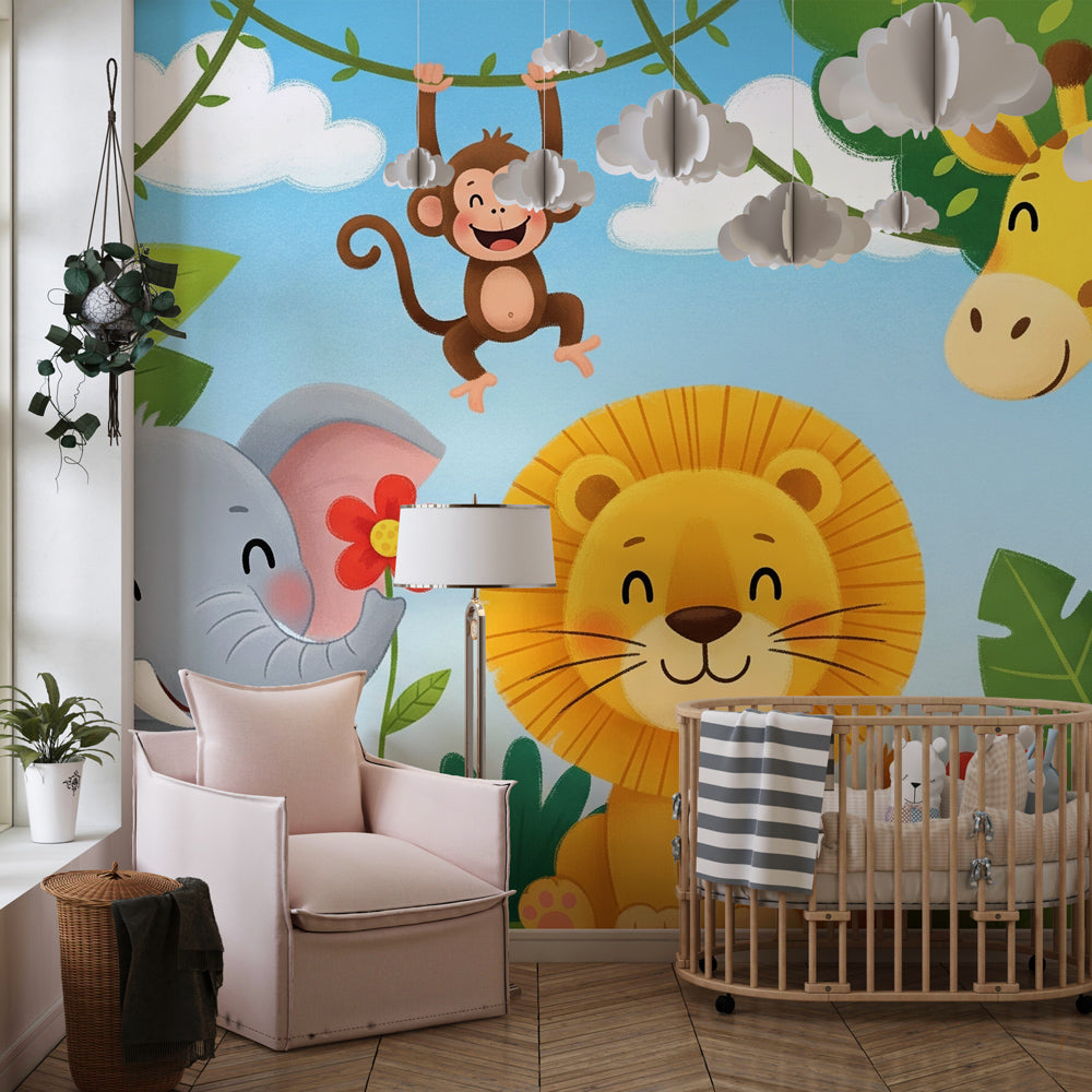 Colorful safari wallpaper creating joyful kids bedroom with elephant and lion design