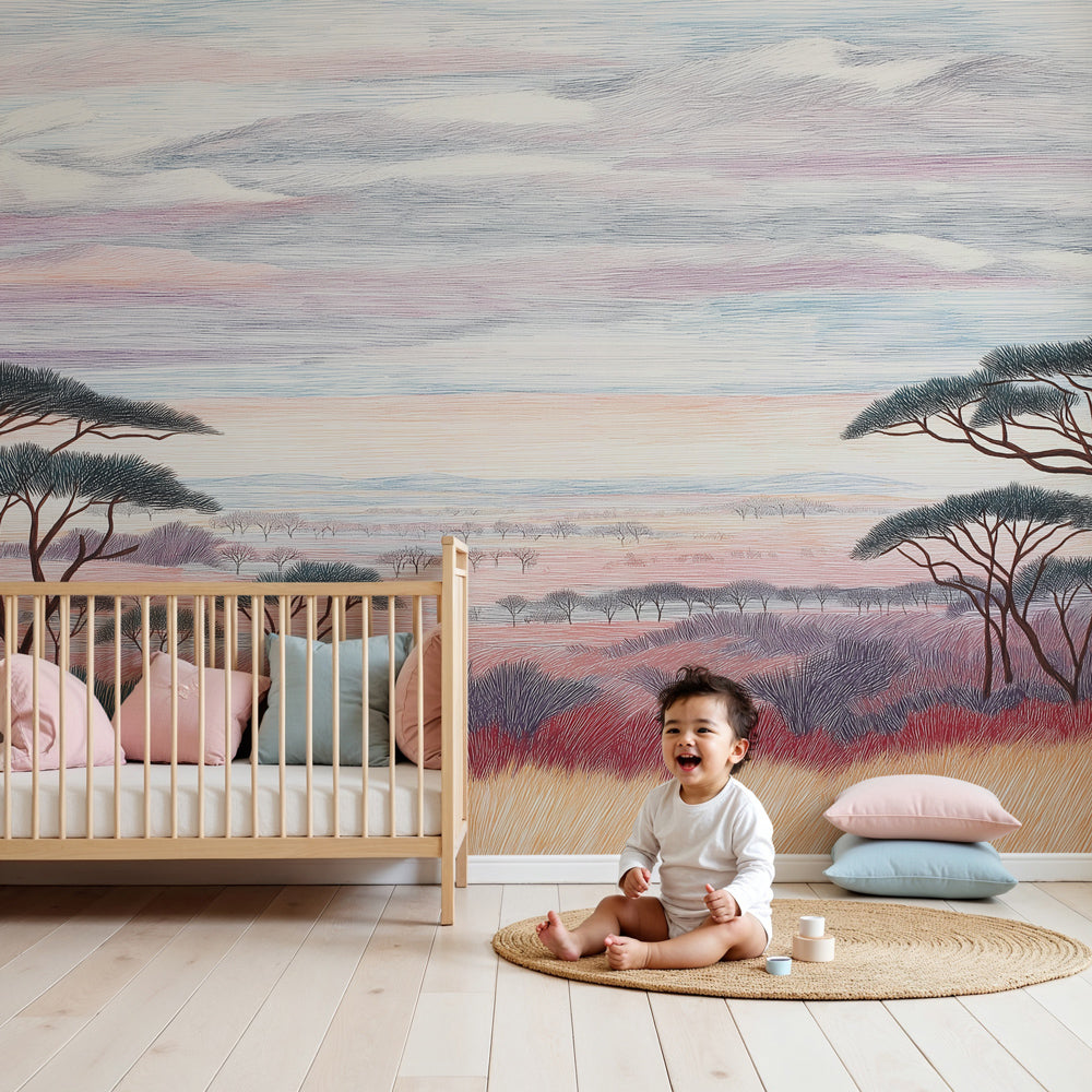 African landscape mural wallpaper with savanna trees creating serene nursery decor by Kids-Mundo