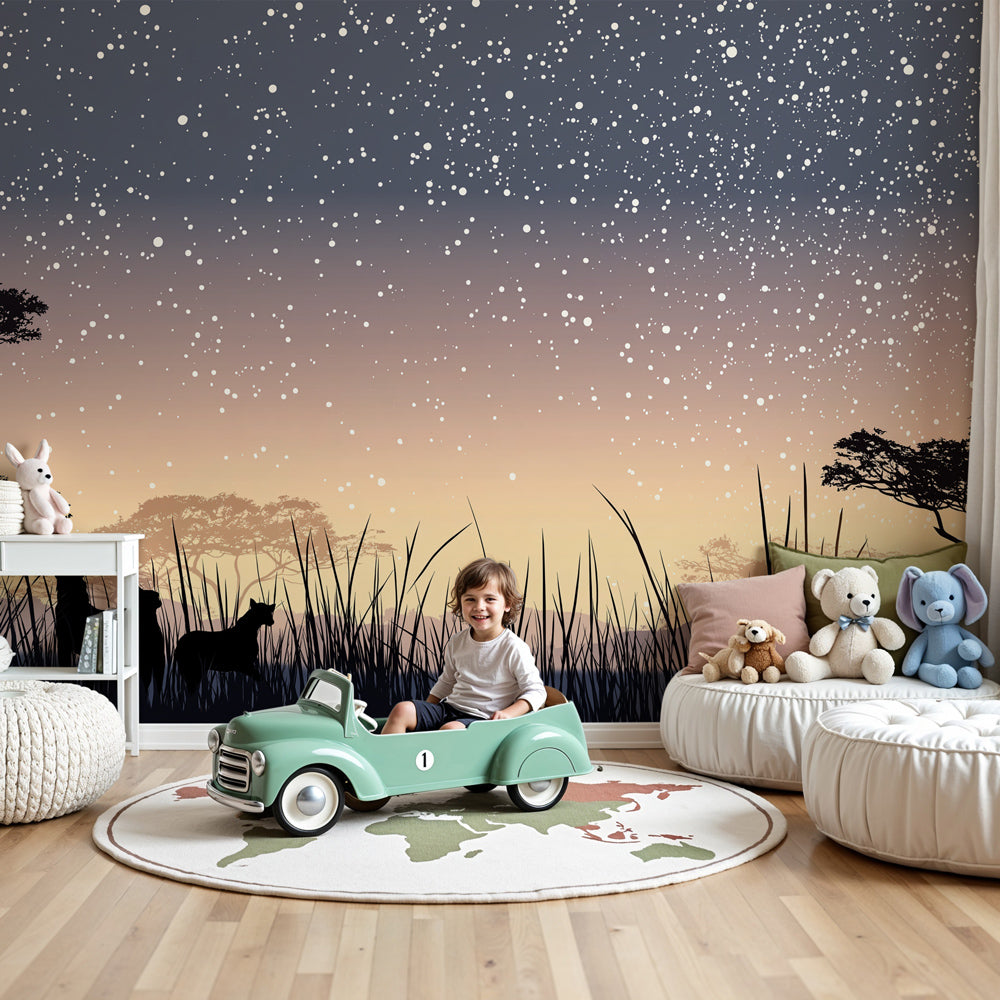 African safari mural wallpaper with starry sky in modern nursery room by Kids-Mundo