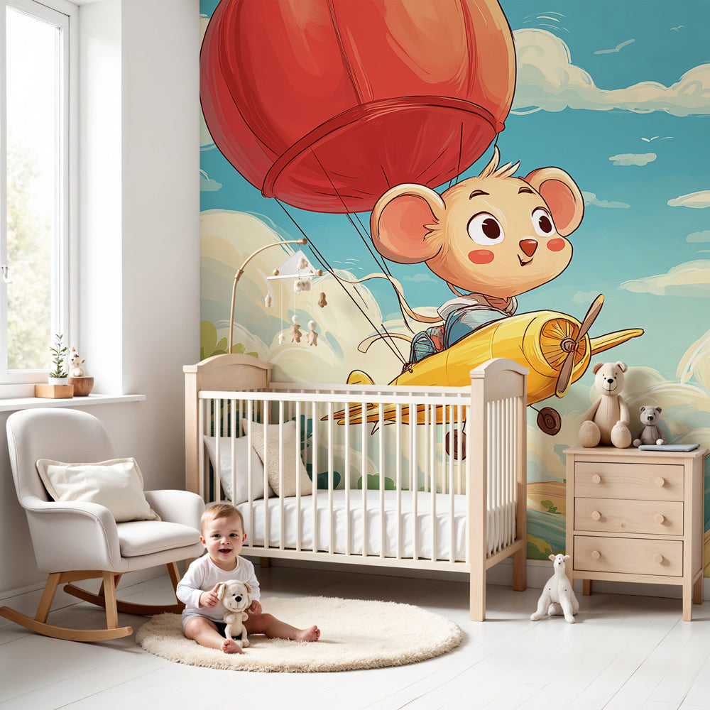 Airplane adventure mural wallpaper with animal pilot decorating modern nursery by Kids-Mundo