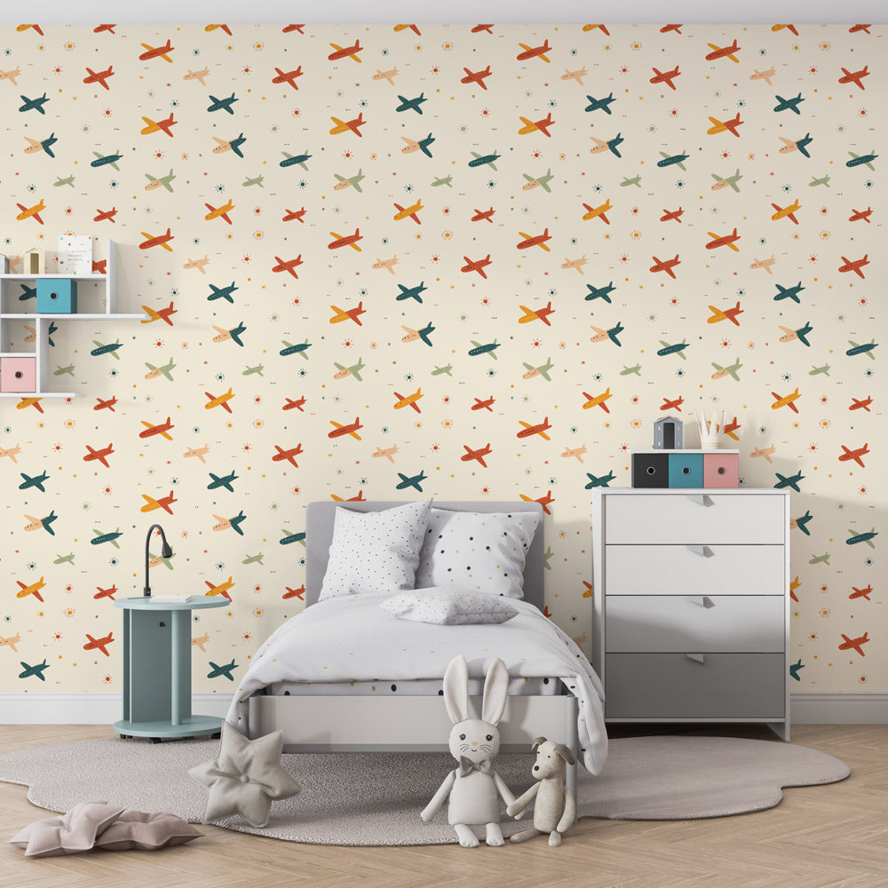 Aviation themed wallpaper creating playful atmosphere in children's bedroom decor