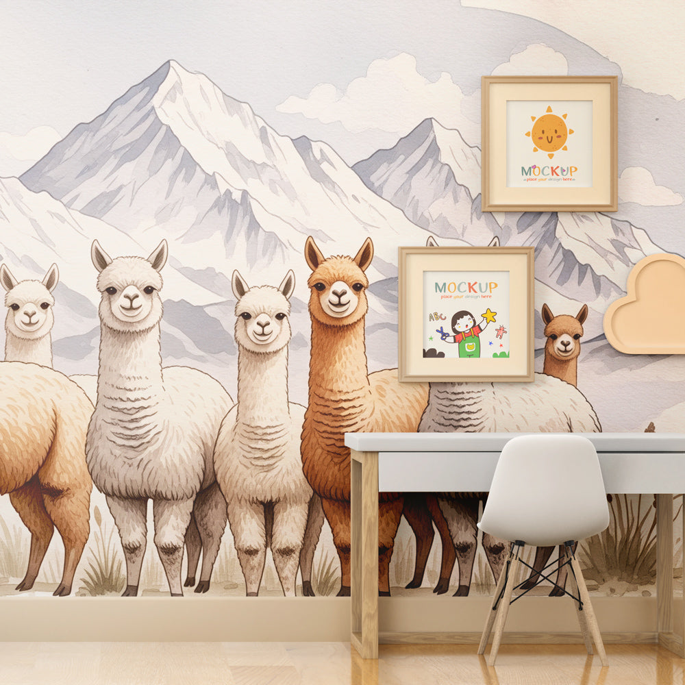 Cheerful alpaca wallpaper transforming kids bedroom with mountain adventure theme