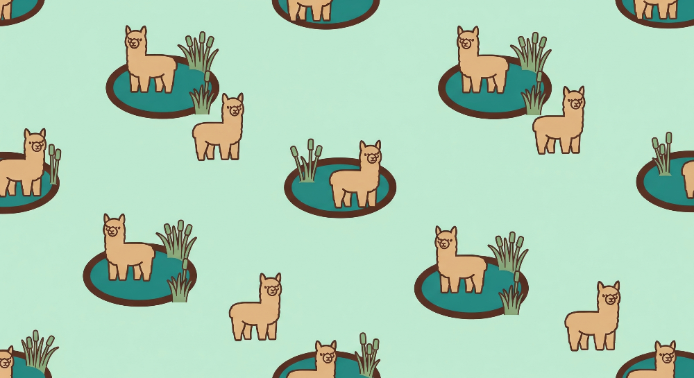 Kids-Mundo alpaca wall mural artwork showing gentle alpacas beside teal ponds on a mint green background.