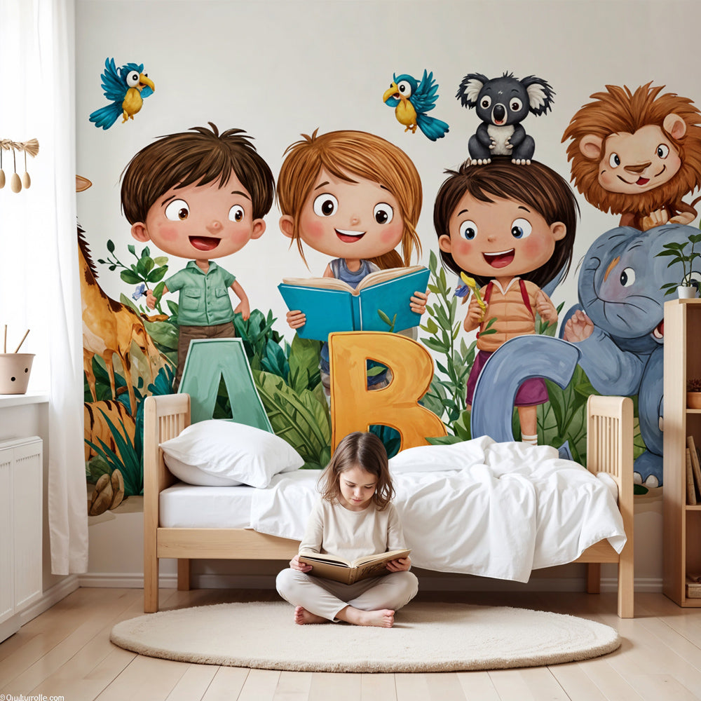 Alphabet animals mural wallpaper in bright nursery room with educational jungle theme by Kids-Mundo