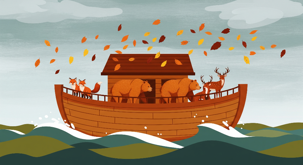 Flat artwork of the Kids-Mundo woodland animal ark wall mural showing foxes, bears and a deer