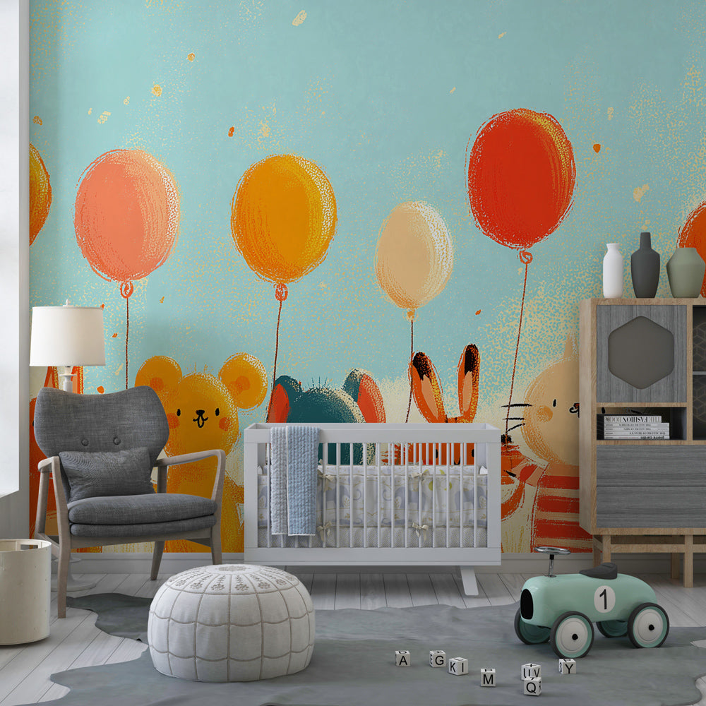 Cute animal characters with balloons mural wallpaper in colorful kids bedroom decor