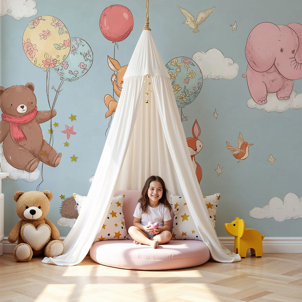 Animal balloon mural wallpaper in modern nursery showing woodland creatures floating on clouds by Kids-Mundo