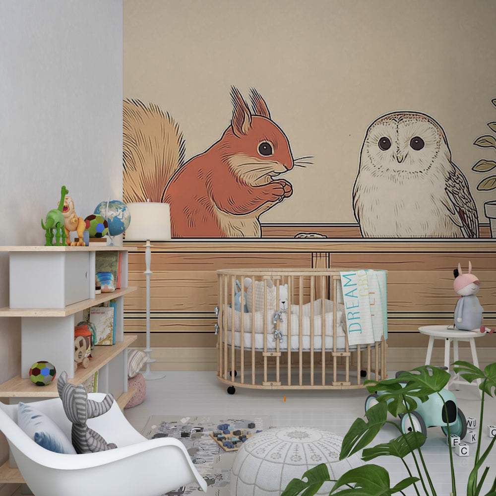 Cute woodland animal wallpaper creating cozy kids bedroom atmosphere with beige tones