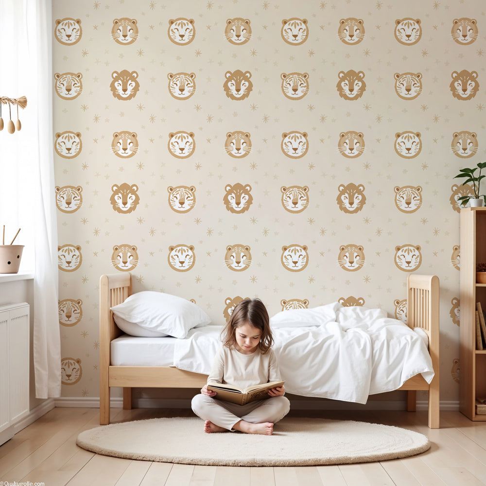 Animal face mural wallpaper with gentle tigers and lions in soft beige nursery by Kids-Mundo