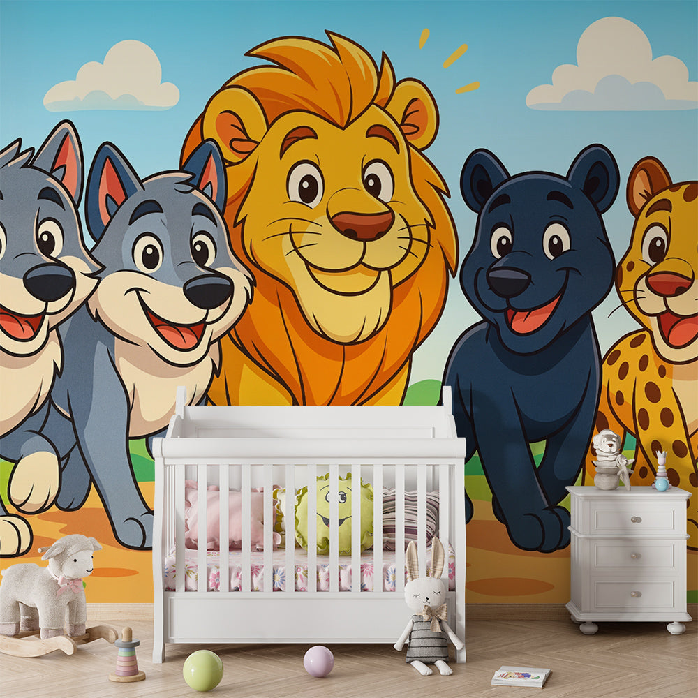 Jungle animals wallpaper creating playful kids bedroom decor with lions and leopards