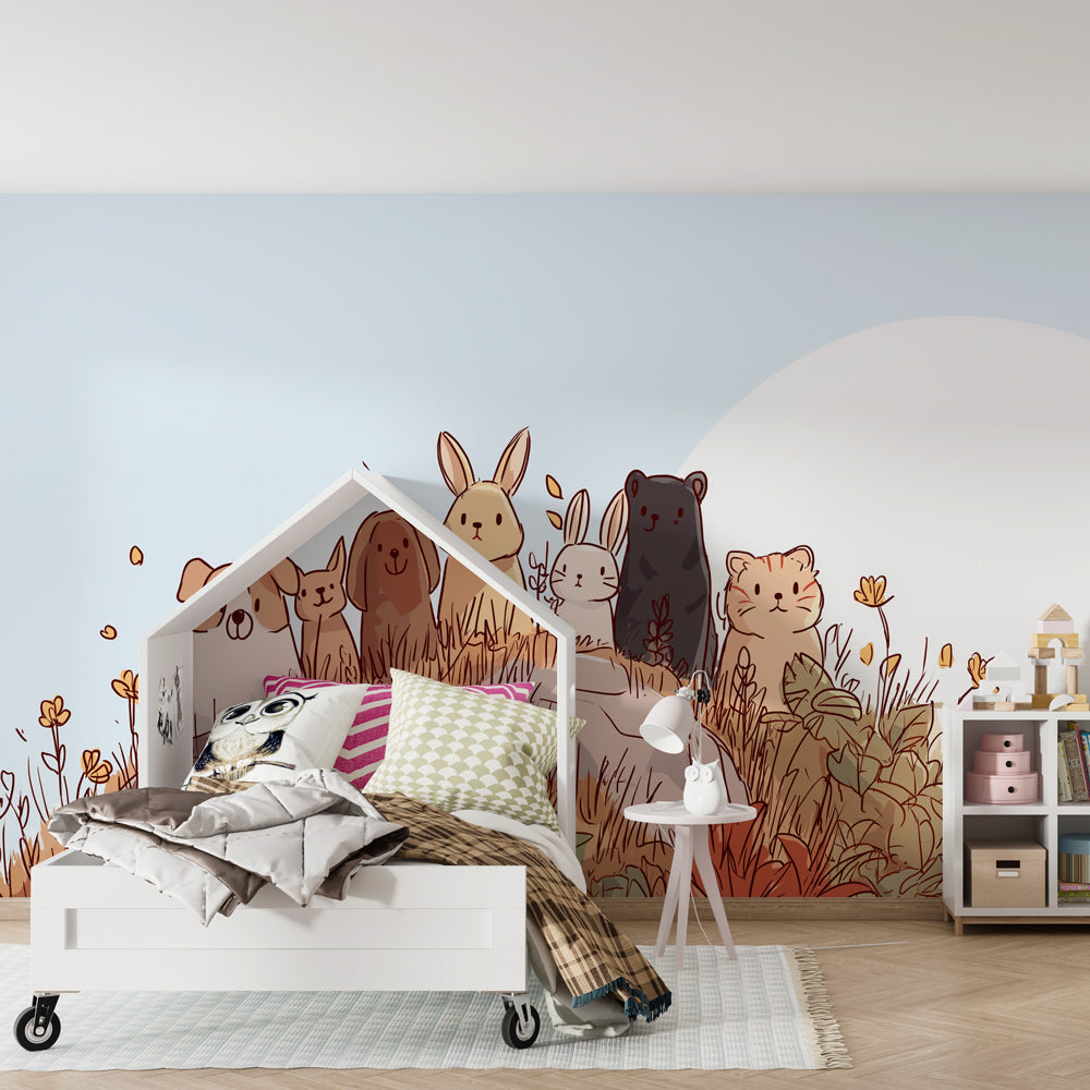 Cute animal nature wallpaper creating cozy kids bedroom atmosphere with soft colors