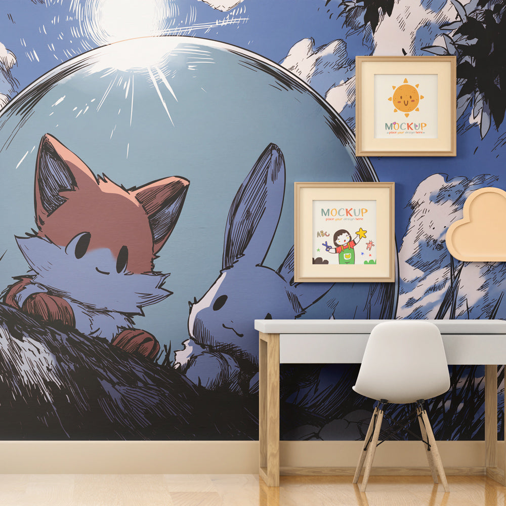 Fox and rabbit adventure mural wallpaper creating dreamy children's bedroom atmosphere