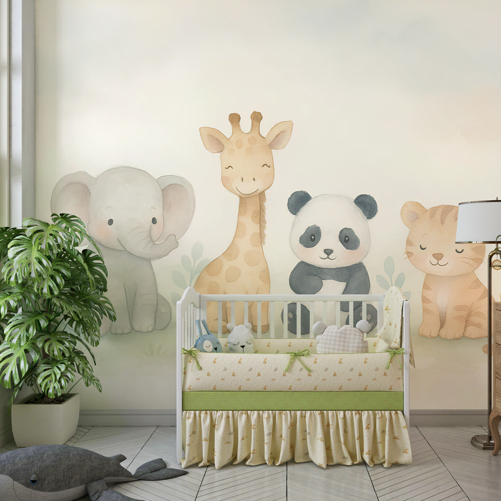 Gentle safari animal wallpaper creating peaceful kids bedroom atmosphere with elephant and giraffe