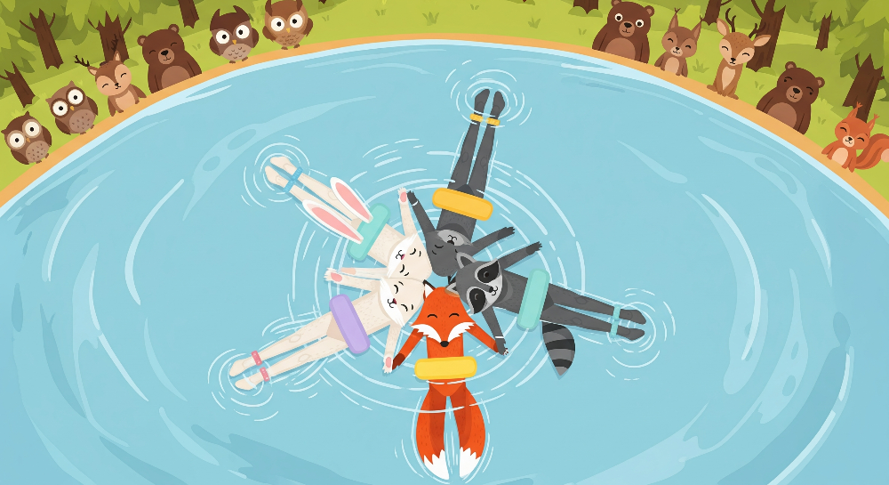 Animal Friends Floating in a Forest Lake Wall Mural