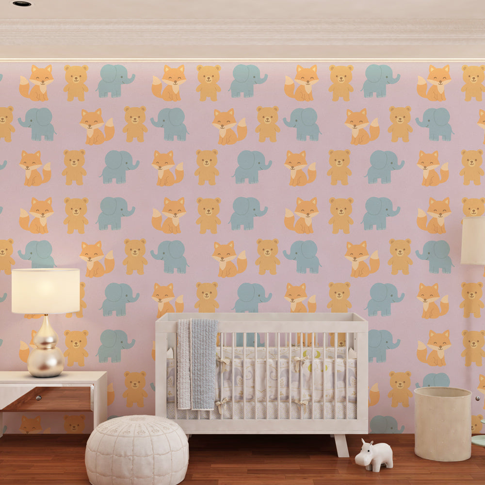 Animal themed mural wallpaper creating cozy children's bedroom decor with pastel creatures