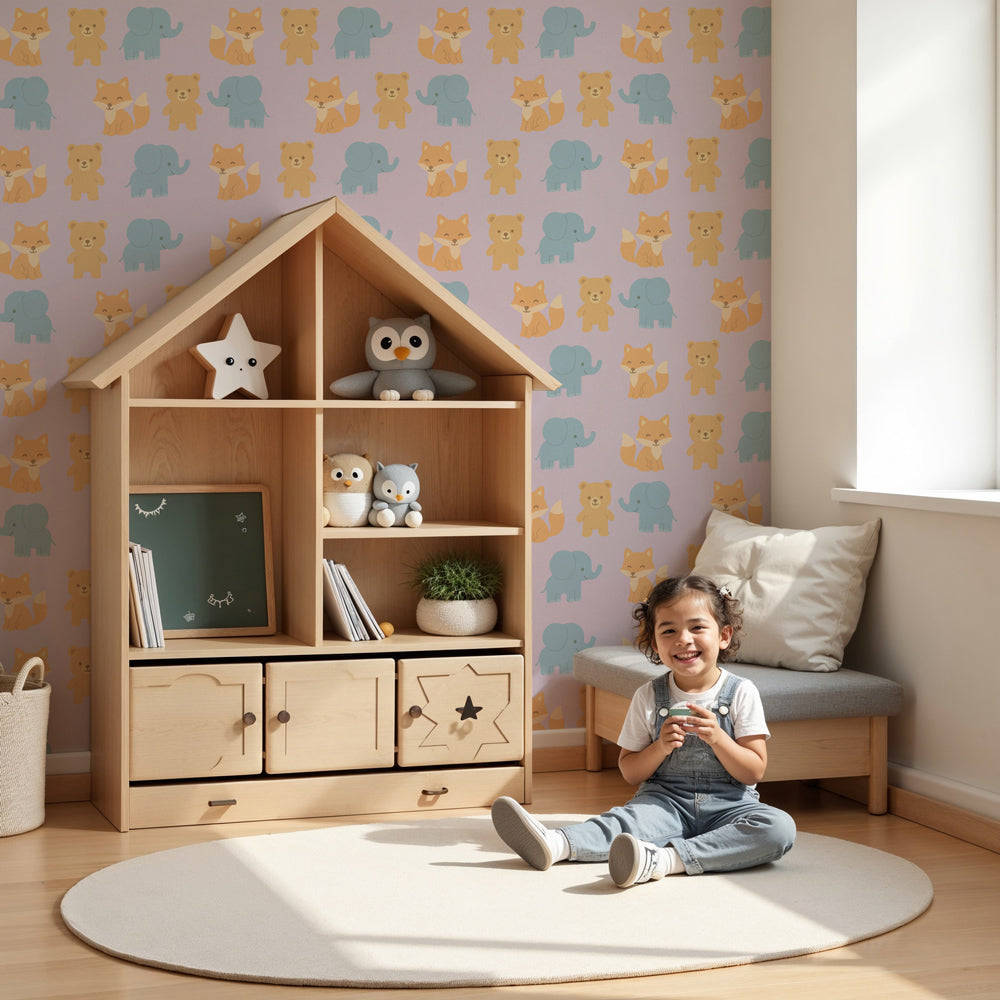 Cute animal mural wallpaper with bears and elephants in soft lavender nursery by Kids-Mundo