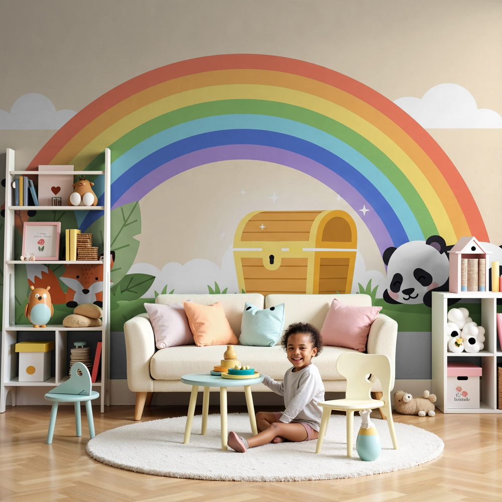 Fox and panda rainbow mural wallpaper in modern nursery room setting by Kids-Mundo