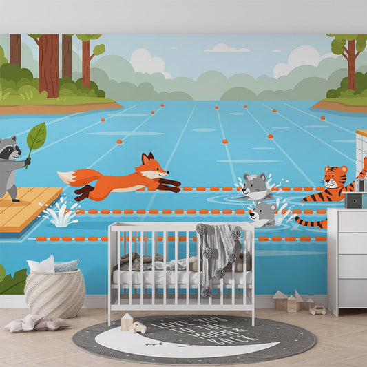 Kids-Mundo swimming pool race mural covering a feature wall in a lively kids bedroom.