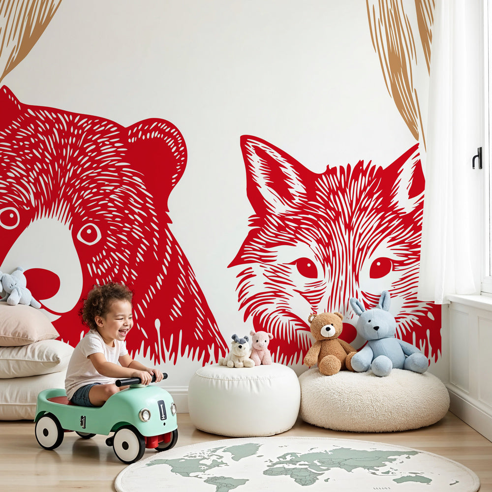 Animal theater mural wallpaper with bear and fox characters in modern nursery by Kids-Mundo