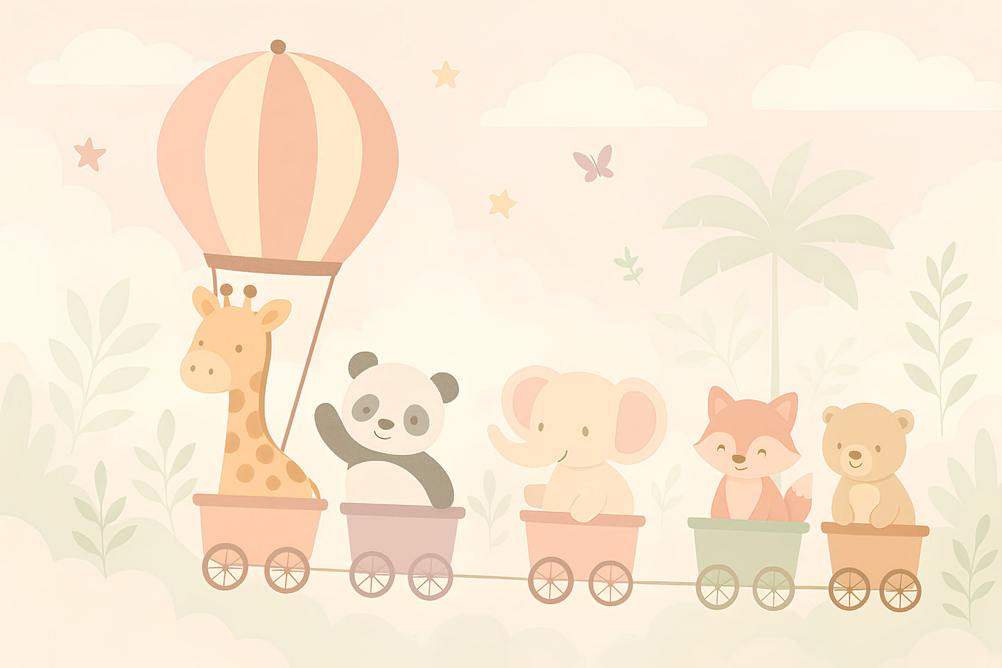 Detailed animal train adventure mural wallpaper design pattern with safari characters by Kids-Mundo