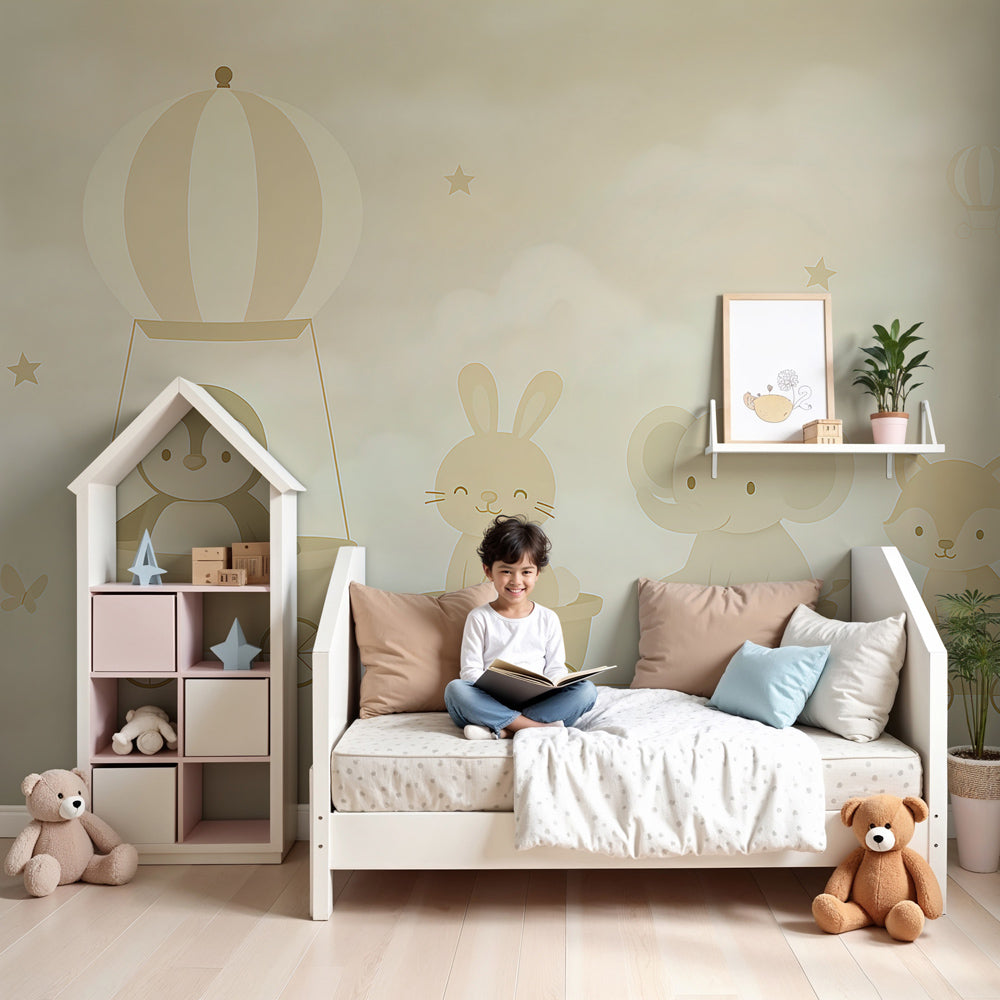 Animal train cloud adventure mural wallpaper in modern nursery by Kids-Mundo