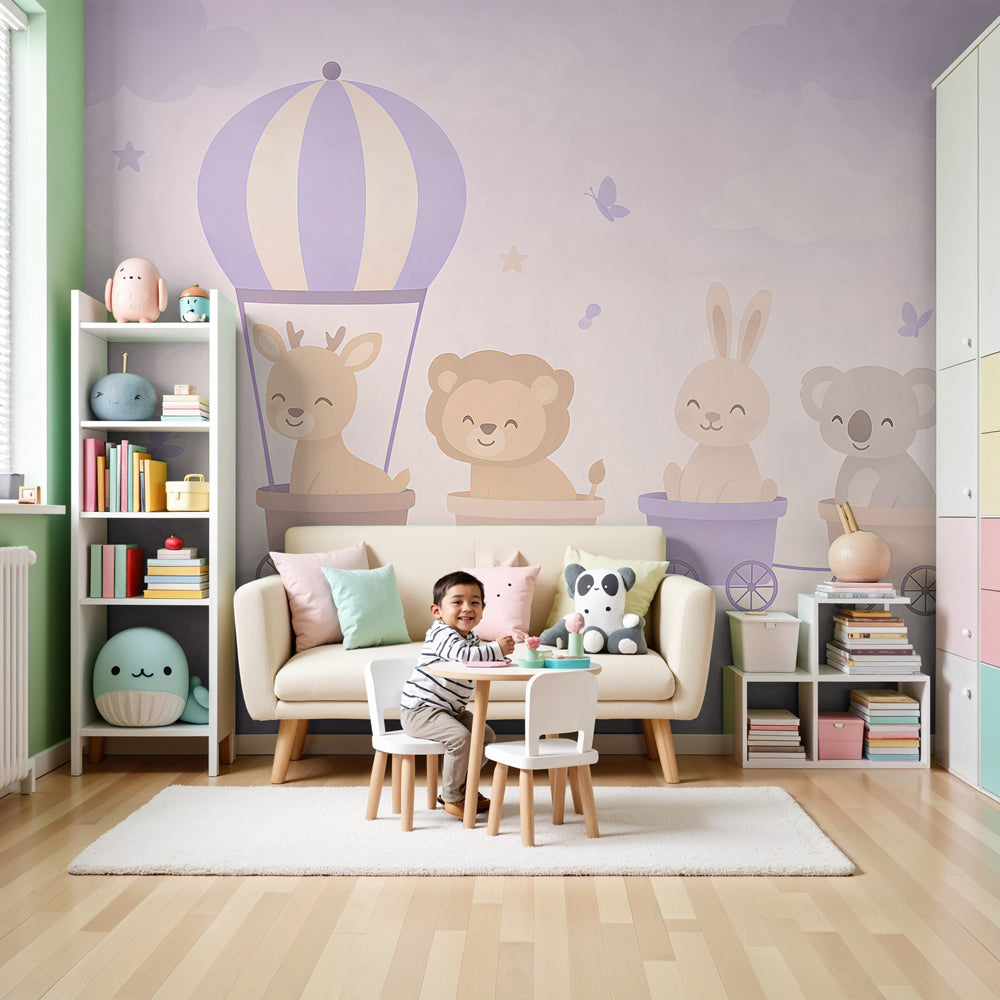 Animal train mural wallpaper in modern nursery with safari friends and hot air balloon by Kids-Mundo