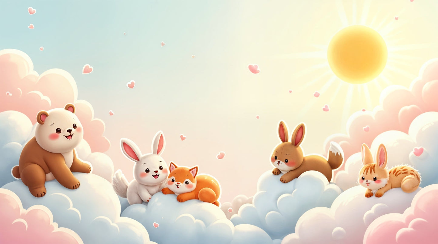 Detailed animals on clouds mural wallpaper design pattern with sun and hearts by Kids-Mundo