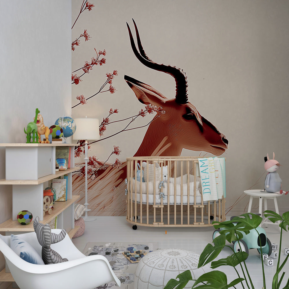 Antelope nature wallpaper creating serene atmosphere in baby bedroom with soft lighting