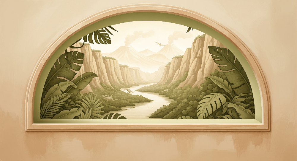 Arched Window Dinosaur Canyon River Wall Mural