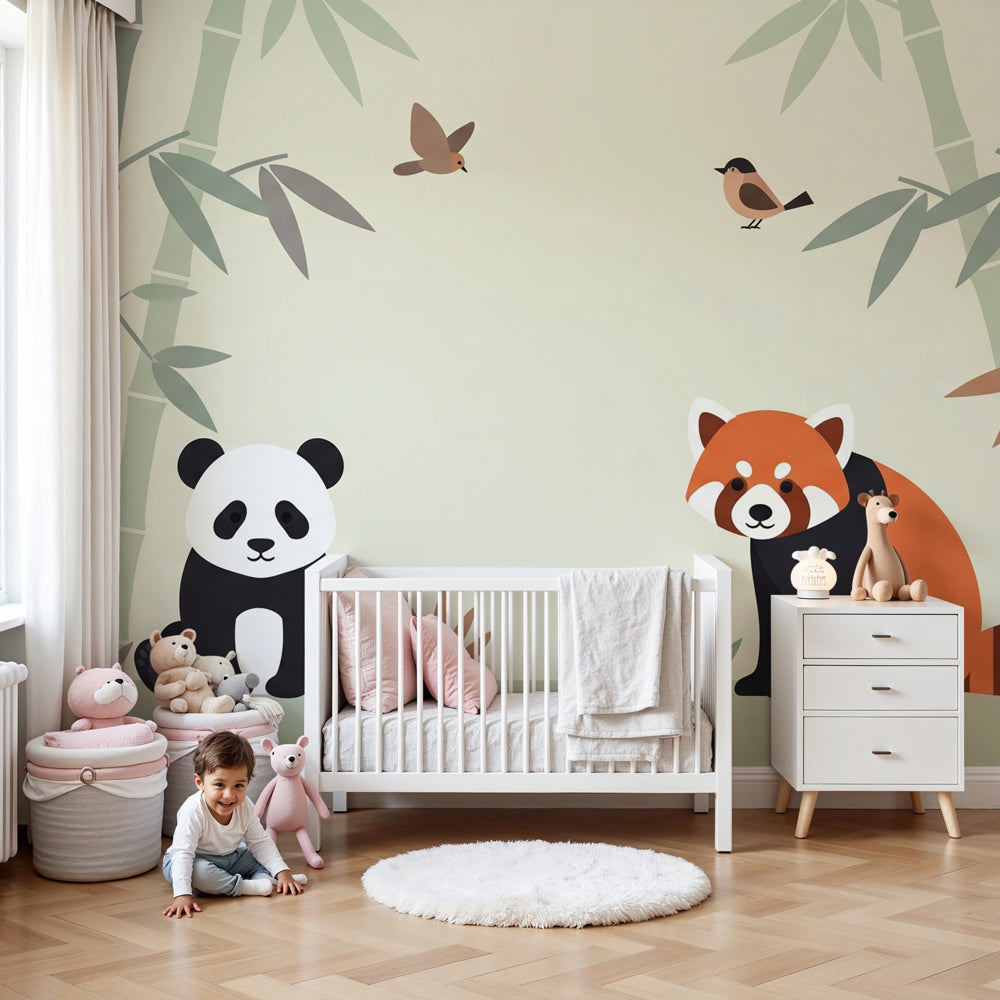 Asian forest animals mural wallpaper with panda design in modern nursery by Kids-Mundo
