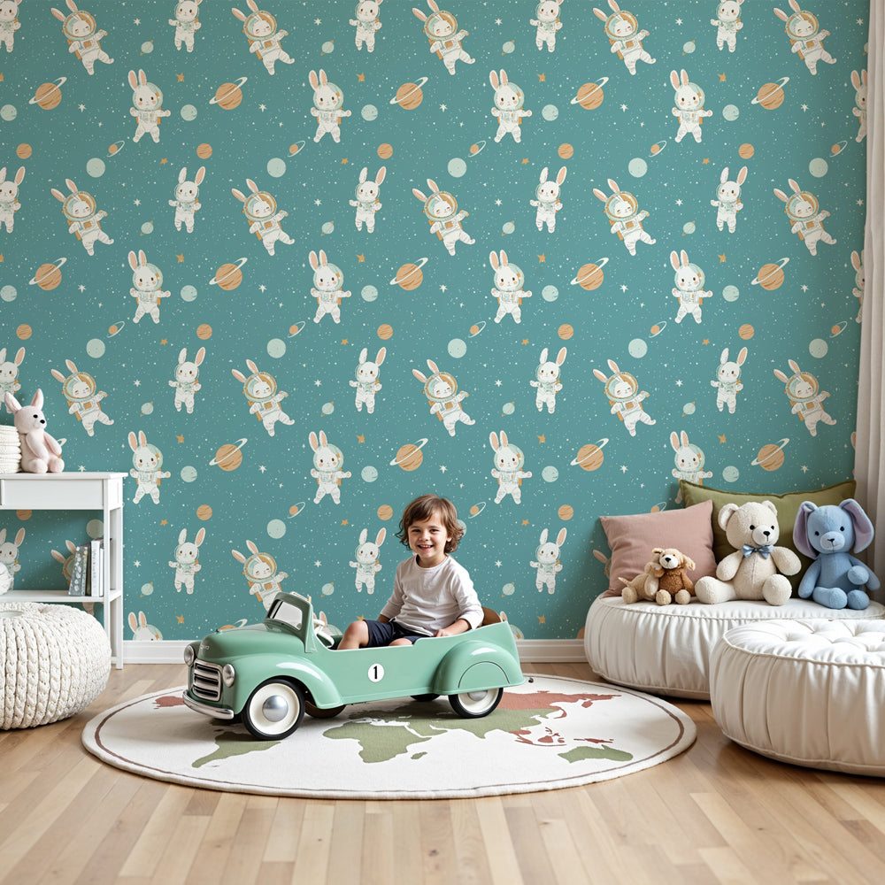 Astronaut bunny mural wallpaper creating magical space theme in modern nursery by Kids-Mundo
