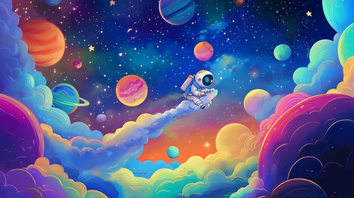 Astronaut Among Colourful Planets Wall Mural