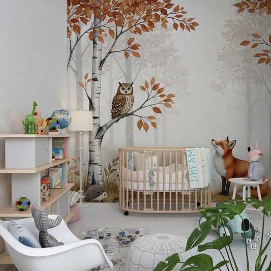 Kids-Mundo autumn woodland wall mural in a kids' bedroom with birch trees and a fox