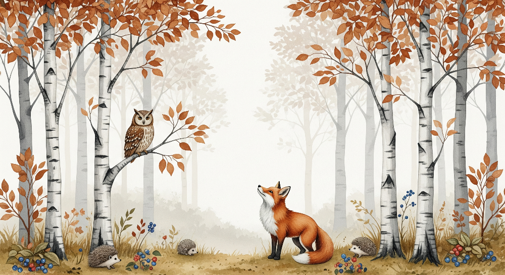Fox and Owl in an Autumn Woodland Wall Mural