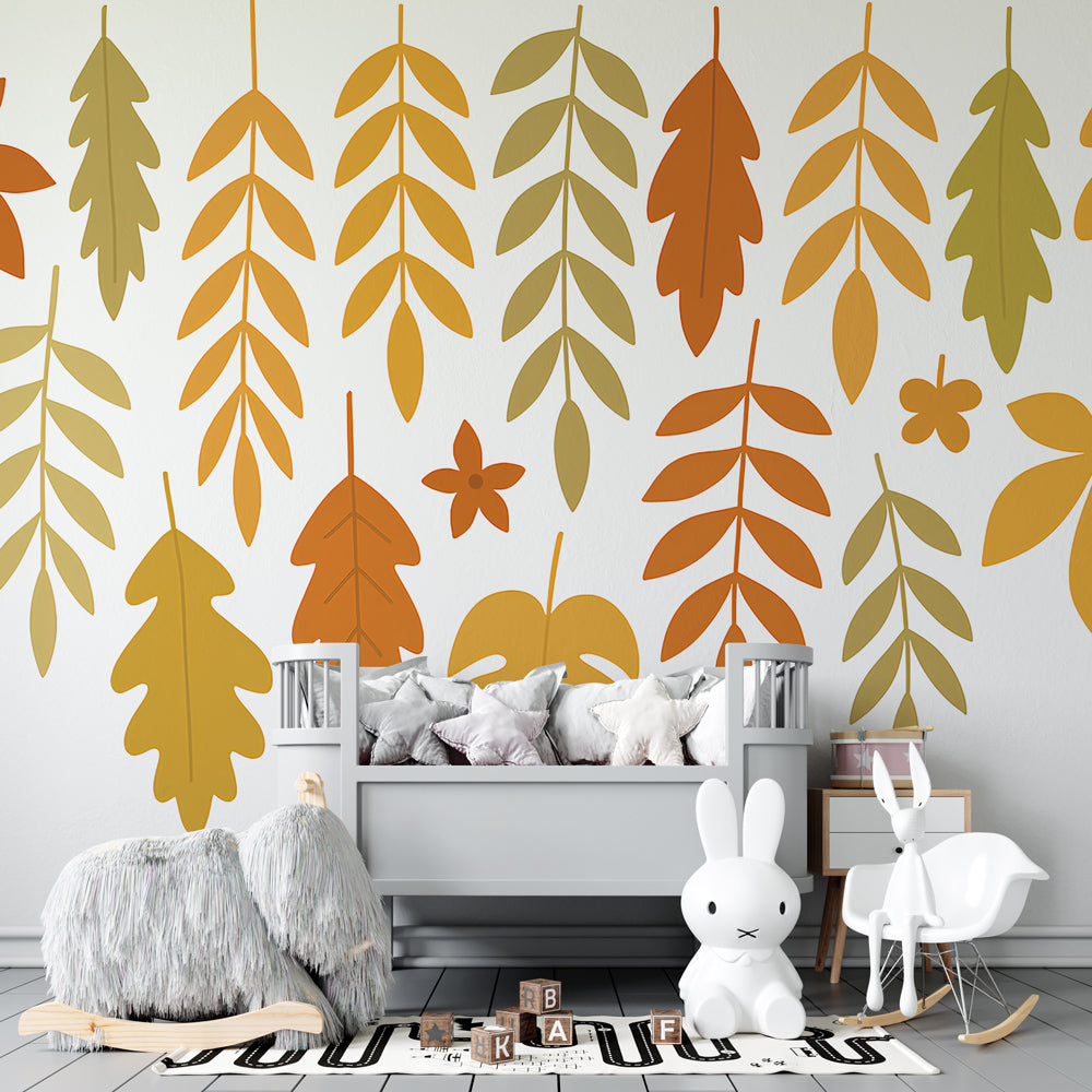 Colorful fall foliage wallpaper creating cozy kids bedroom atmosphere with warm tones