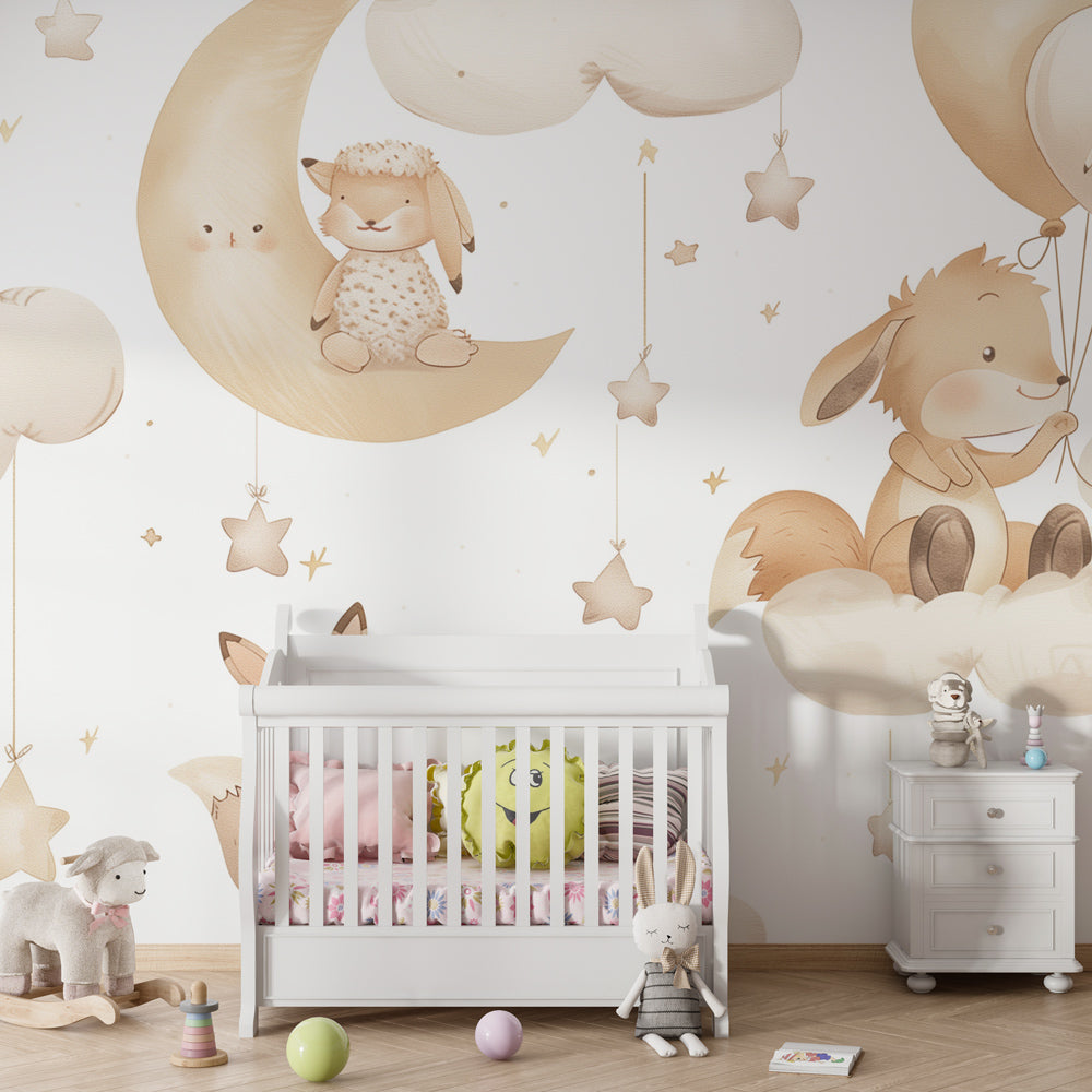 Dreamy clouds and animals wallpaper transforming toddler bedroom into peaceful sanctuary