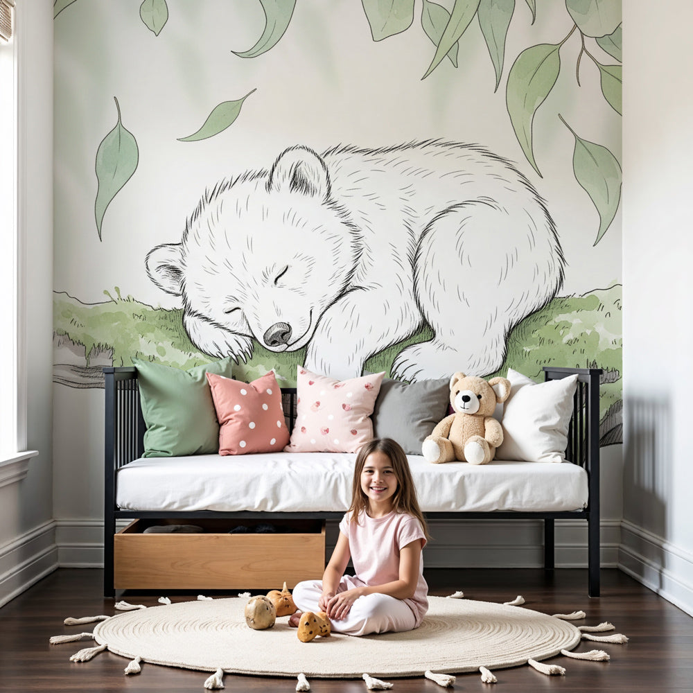 Baby bear sleeping on branch mural wallpaper in peaceful nursery room by Kids-Mundo